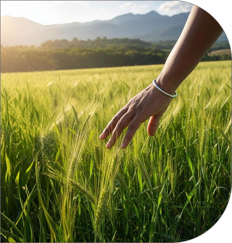 Hand touching grass in a field